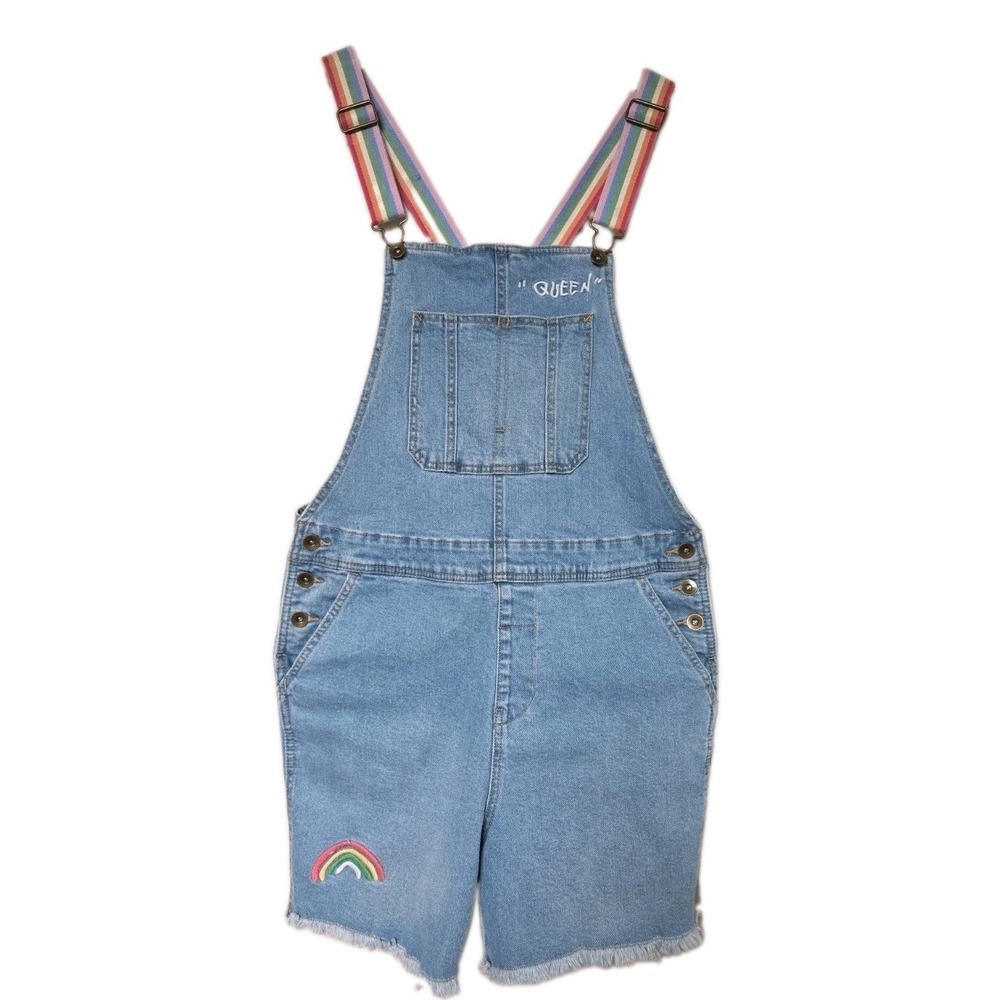 "Queen" Rainbow Strap Denim Romper Overalls Embroidered Size Small